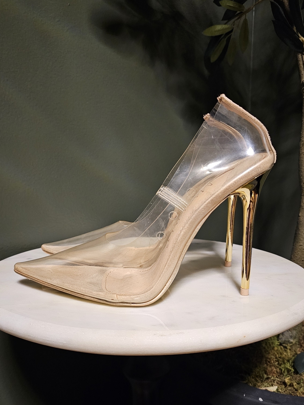 Clear Pointed Toe Stiletto Pump in Nude with Gold Heel